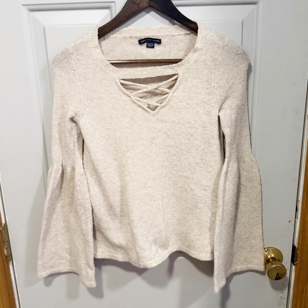 American Eagle Sweater Women XS Cream Lace Up Bell Sleeve Pullover Lightweight